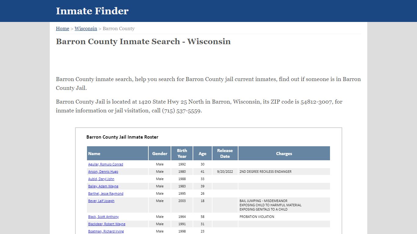 Barron County Wisconsin Jail Inmate Finder